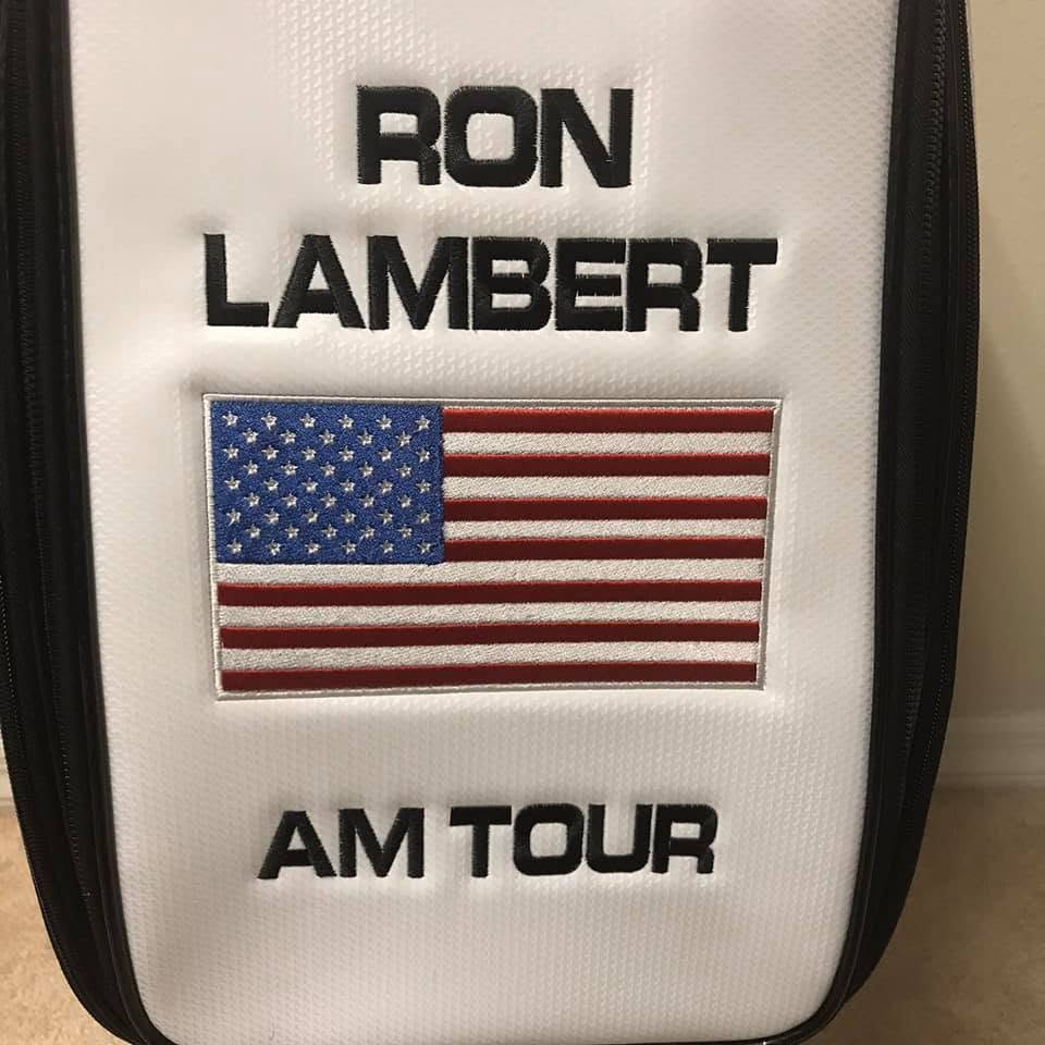 Close-up of embroidered American flag patch on golf bag